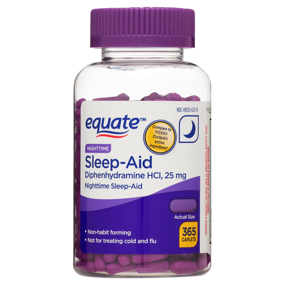 Equate Nighttime Sleep Aid bottle on a nightstand ready for restful evenings.