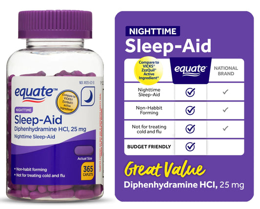 Close-up of Equate Nighttime Sleep Caplets highlighting 25 mg active ingredient.