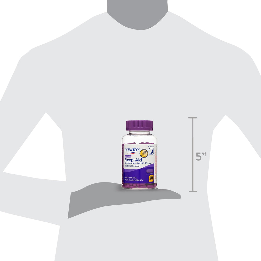 Equate packaging front view highlighting 365 caplets for nightly use.