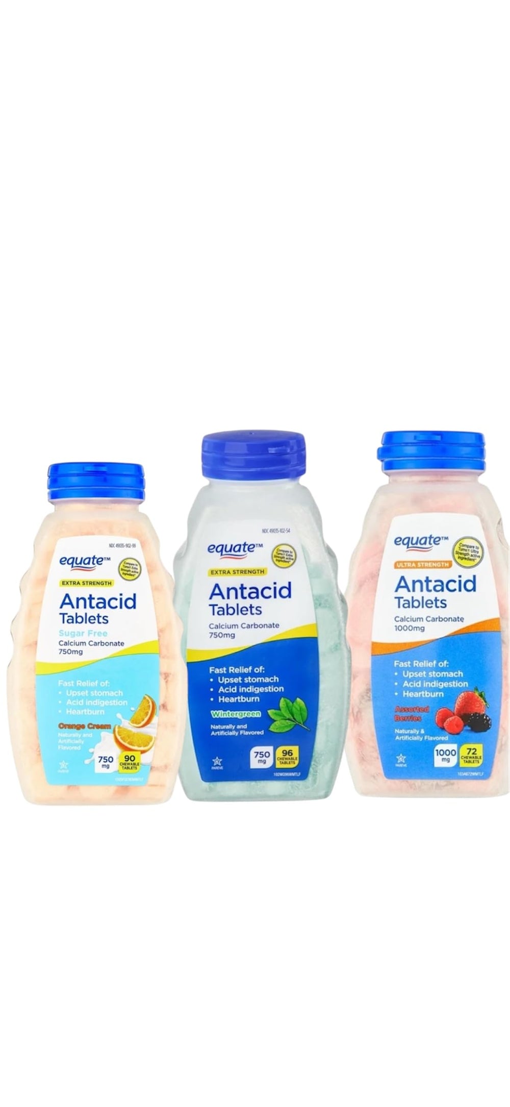 Equate orange-cream tablets on blister pack for on-the-go relief