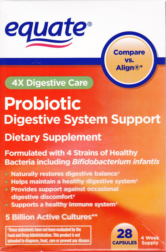 Equate Probiotic bottle pour demonstrates daily use for digestive balance.