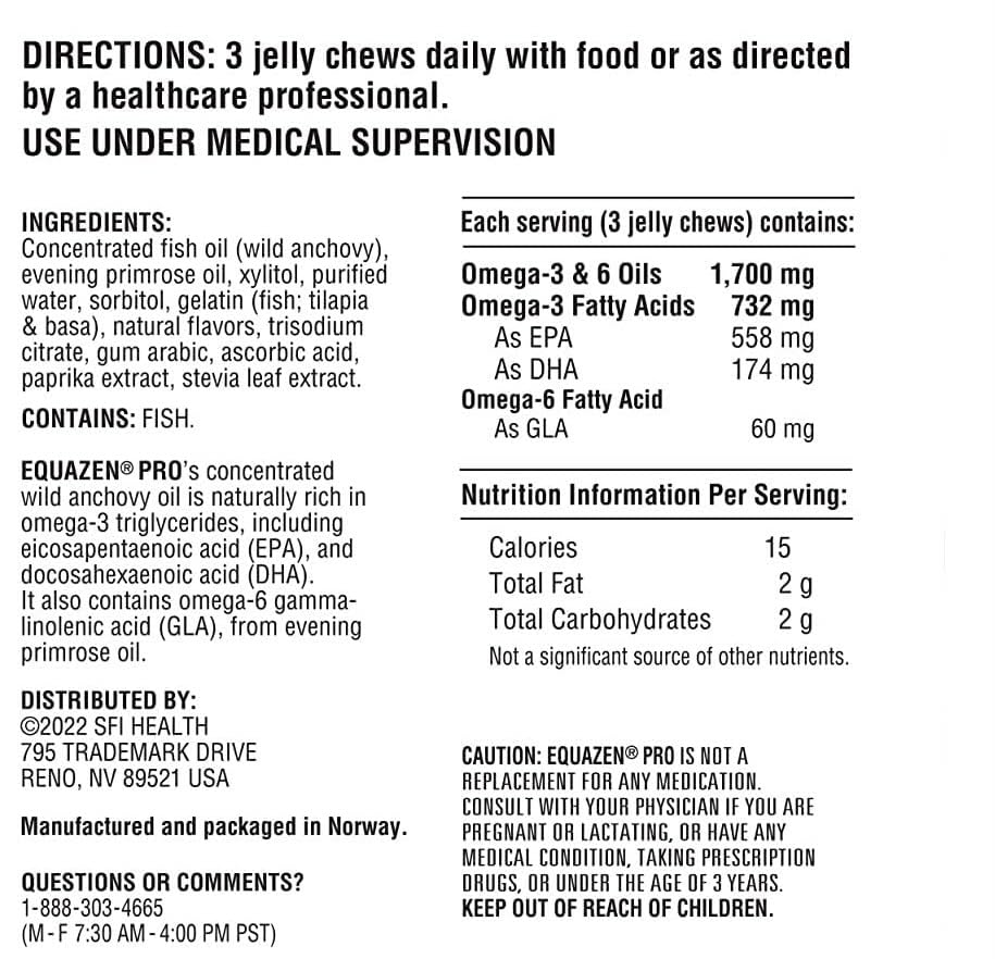 Equazen Pro SFI Health omega balance graphic illustrates EPA/GLA/DHA ratio.