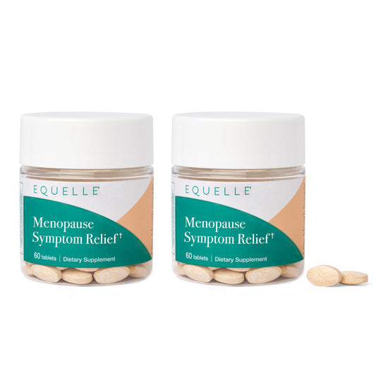 Equelle multi-symptom tablets bottle on a clean surface for menopause relief.