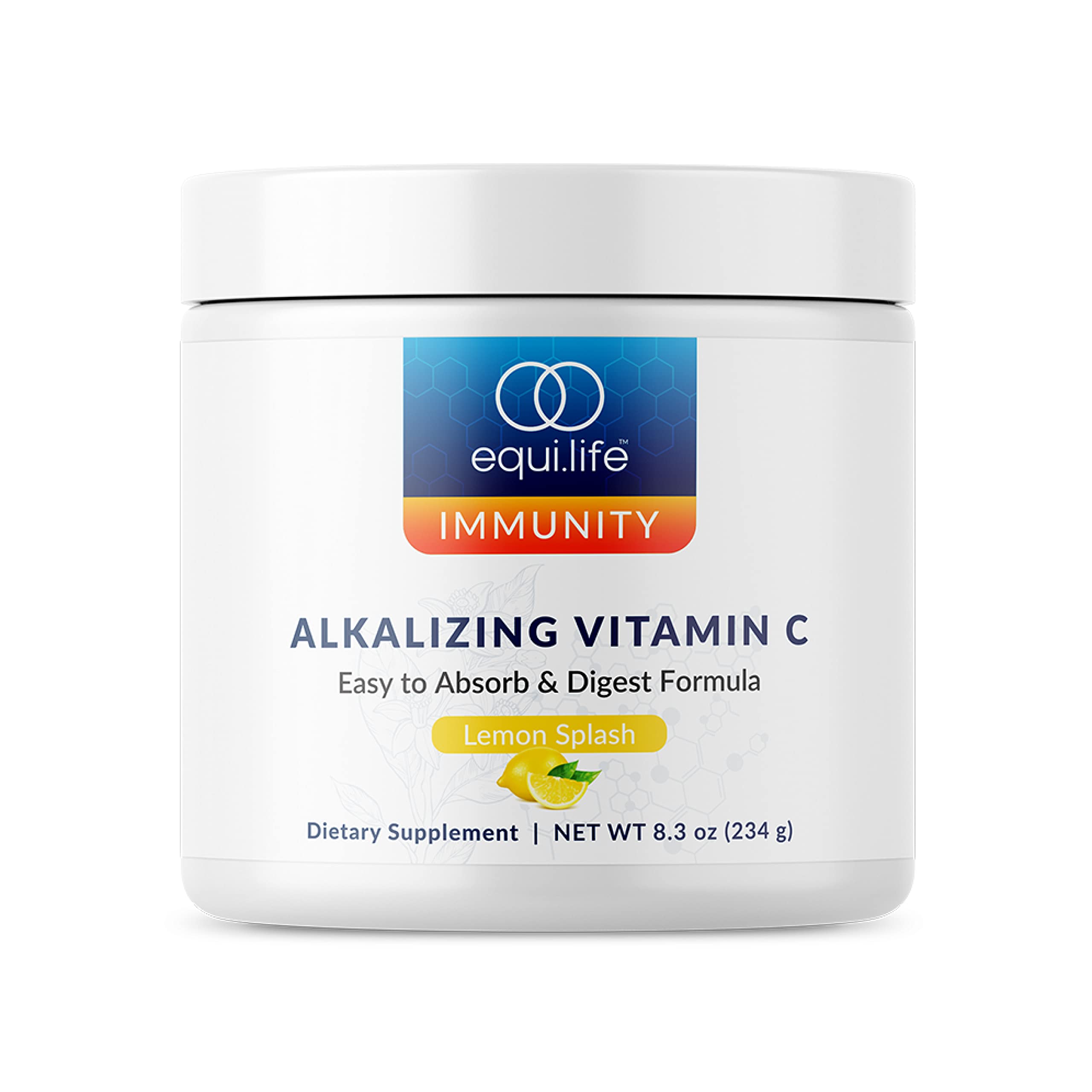 Equilife alkalizing vitamin C powder in lemon splash tub for daily immune support