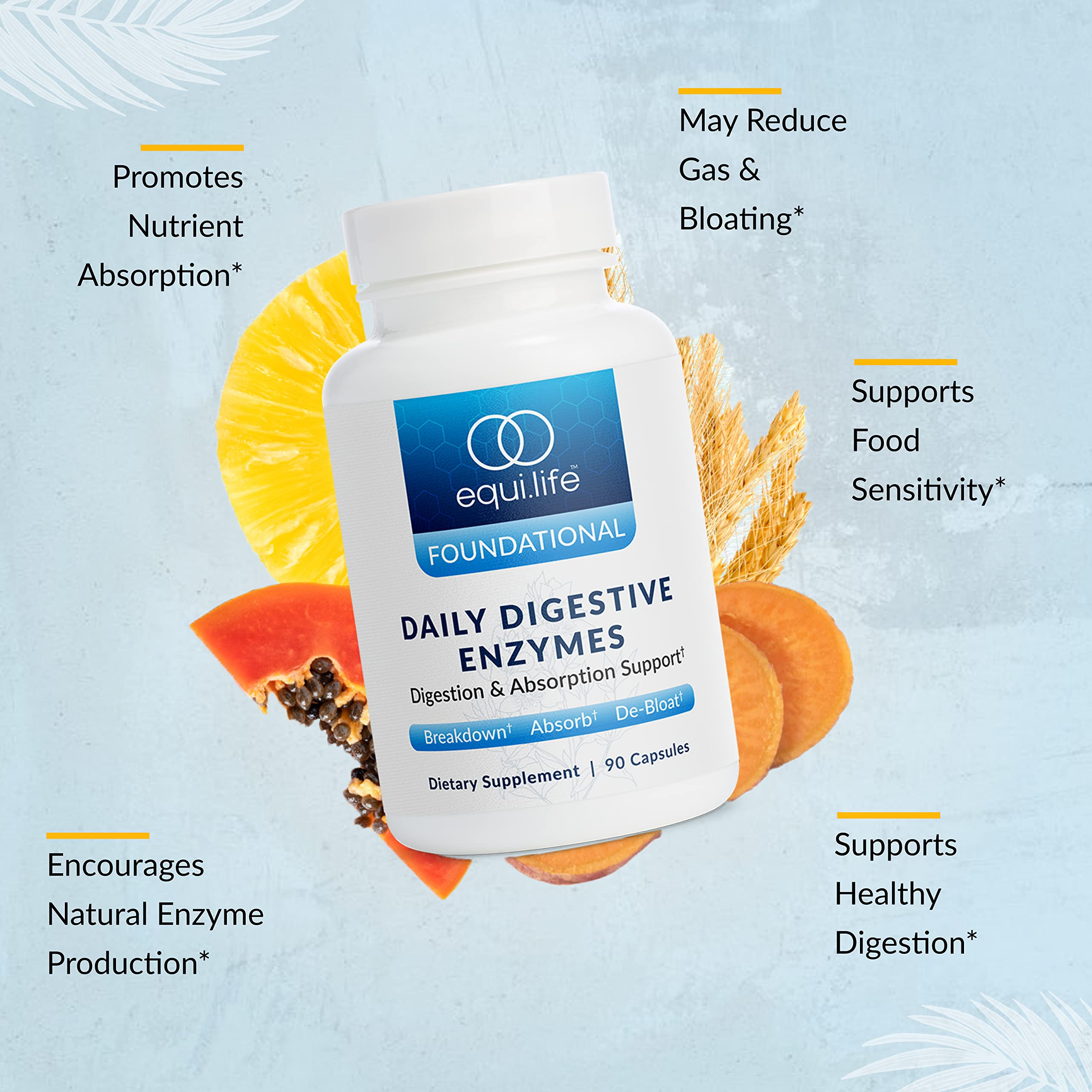 Equilife bottle label enzymes, focus on bromelain and lactase blend.