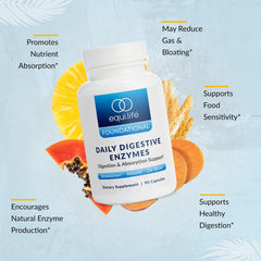 Equilife bottle label enzymes, focus on bromelain and lactase blend.