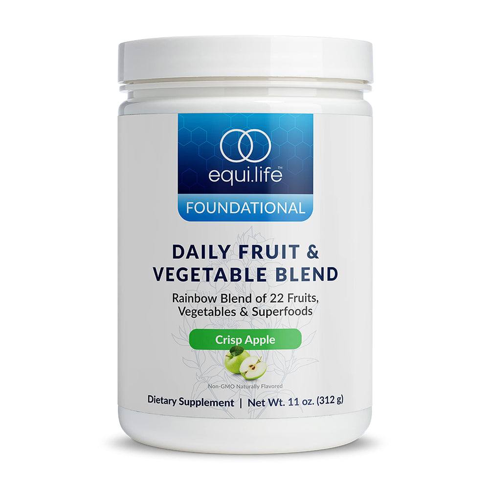 EquiLife Daily Fruit & Vegetable Blend bottle shows convenient daily energy support.