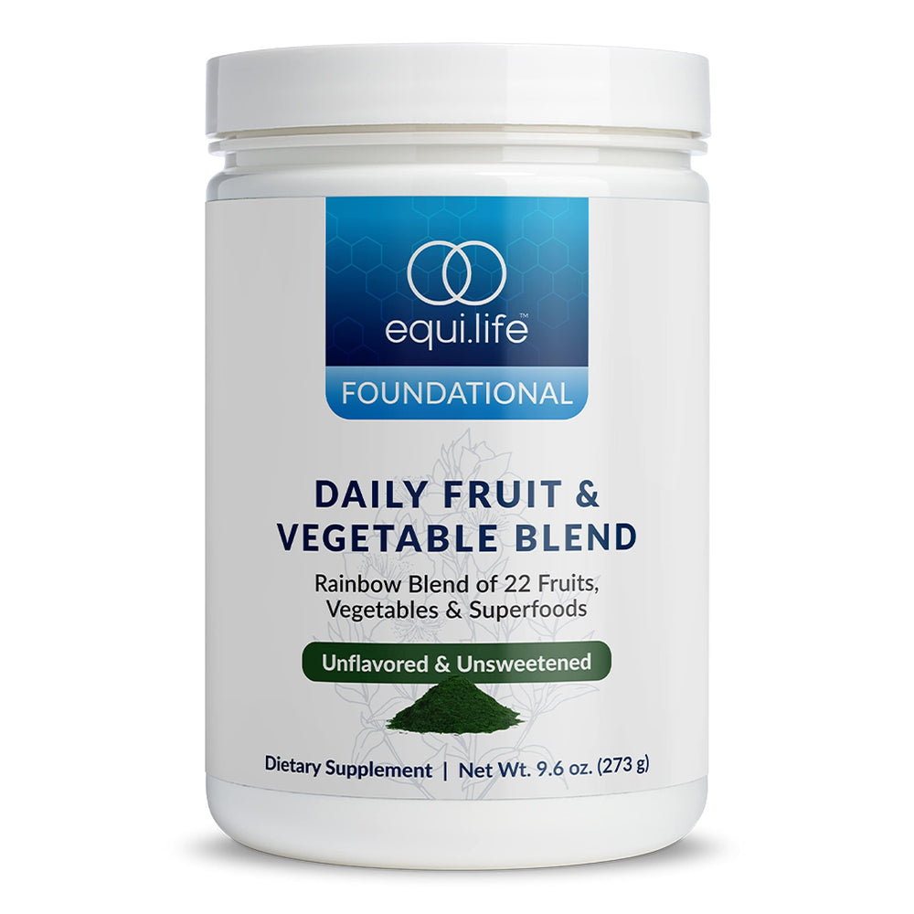 EquiLife Daily Fruit & Vegetable Blend tub label showing 22 organic ingredients for daily vitality