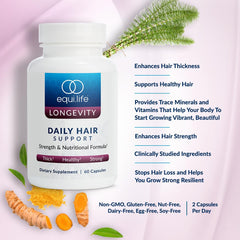 Equilife Daily Hair Support with biotin supports nutrient intake for hair health.