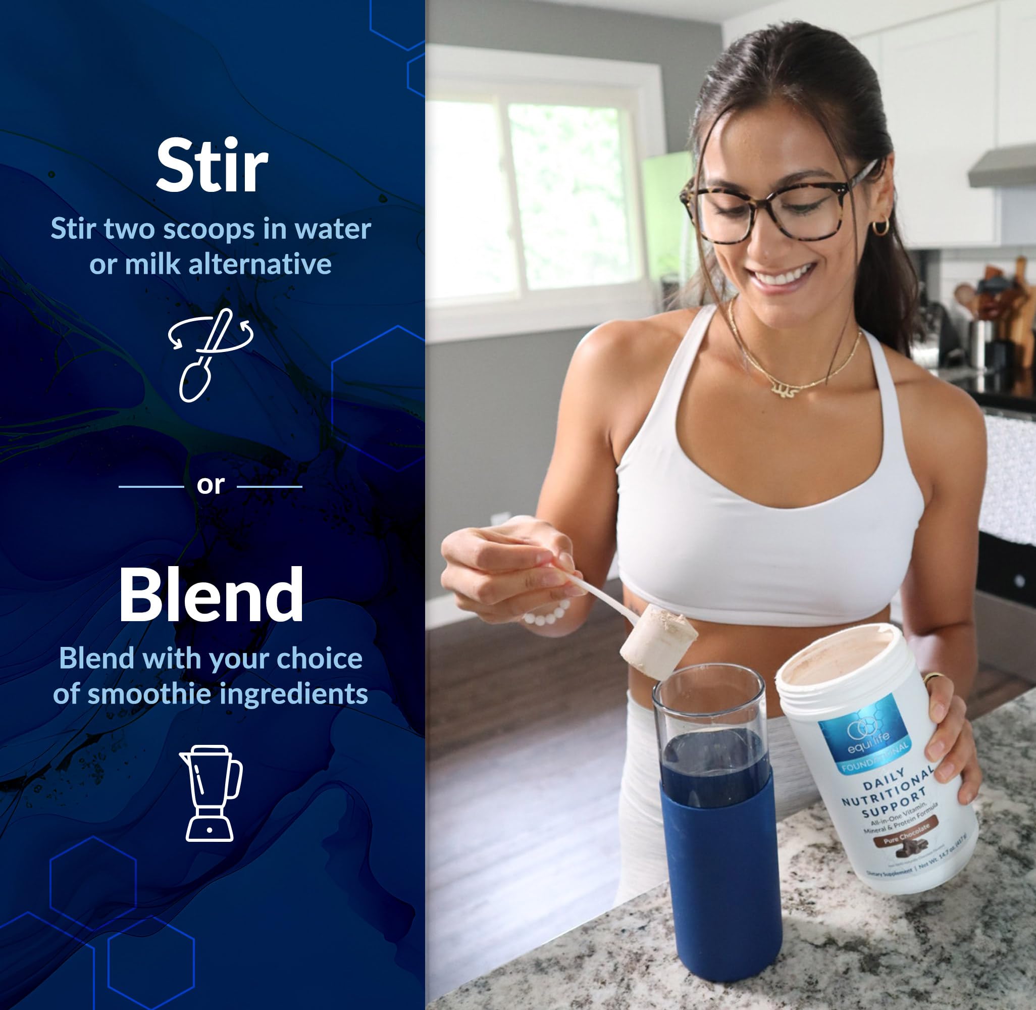 Equilife Daily Nutritional Support smoothie in blender highlights creamy texture for meal replacement.
