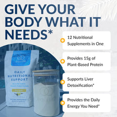 Equilife Daily Nutritional Support bottle shown on a kitchen counter for daily use.