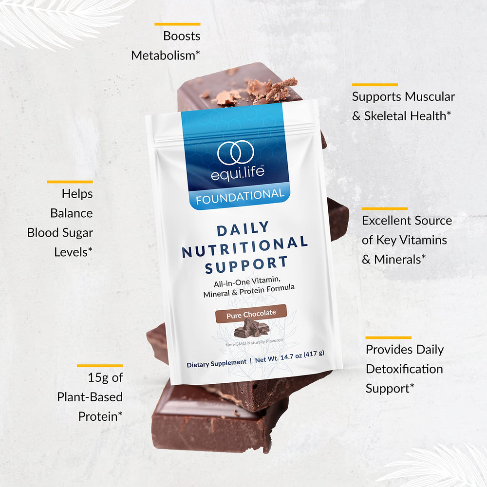 Equilife Daily Nutritional Support chocolate protein scoop, 15 g vegan protein per serving.