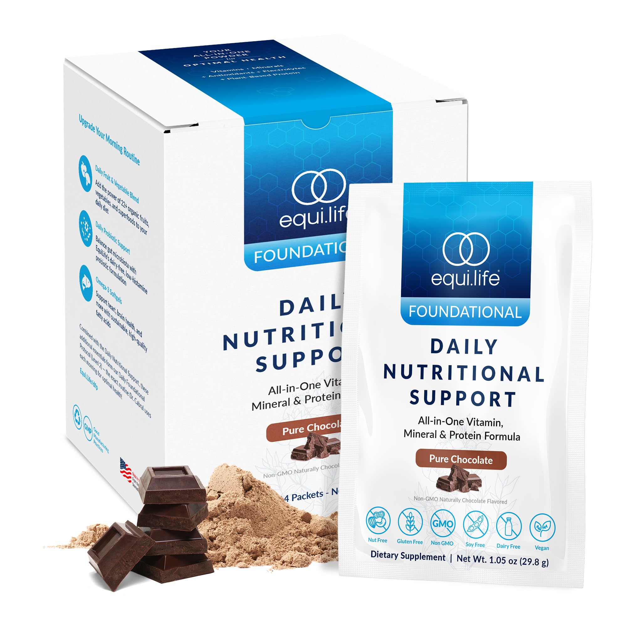 Equilife Daily Nutritional Support chocolate shake being poured for a convenient breakfast.