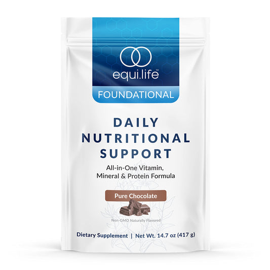 Equilife Daily Nutritional Support chocolate shake pour, convenient meal replacement on the go.