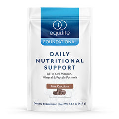 Equilife Daily Nutritional Support chocolate shake pour, convenient meal replacement on the go.