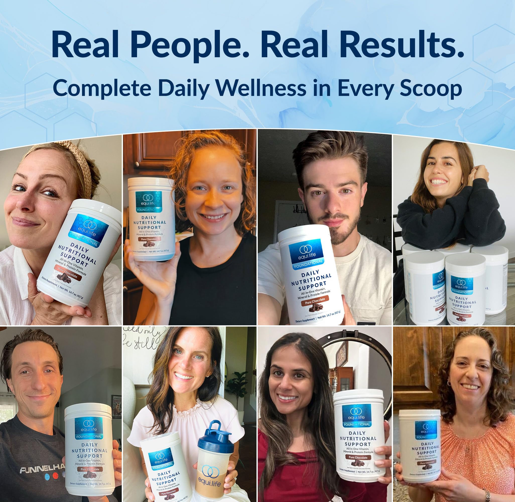 Equilife Daily Nutritional Support glass with frothy shake shows post-workout nourishment.