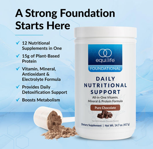 Equilife Daily Nutritional Support powder being poured, ideal for on-the-go fueling.