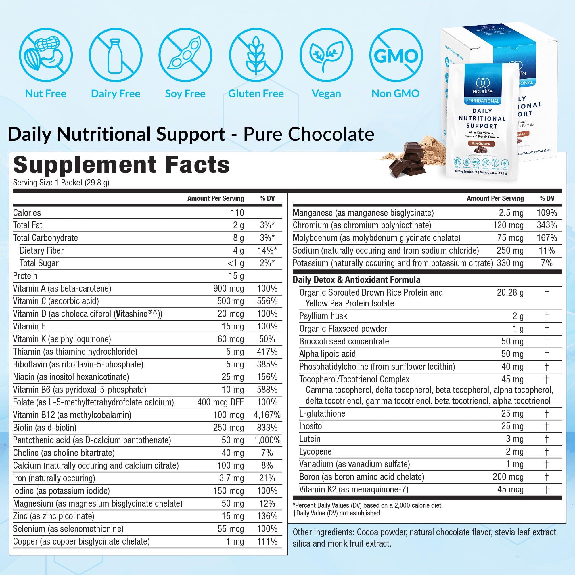 Equilife Daily Nutritional Support tub front view shows packaging for quick, plant-based nutrition.