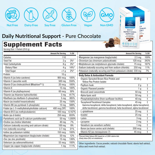 Equilife Daily Nutritional Support tub front view shows packaging for quick, plant-based nutrition.