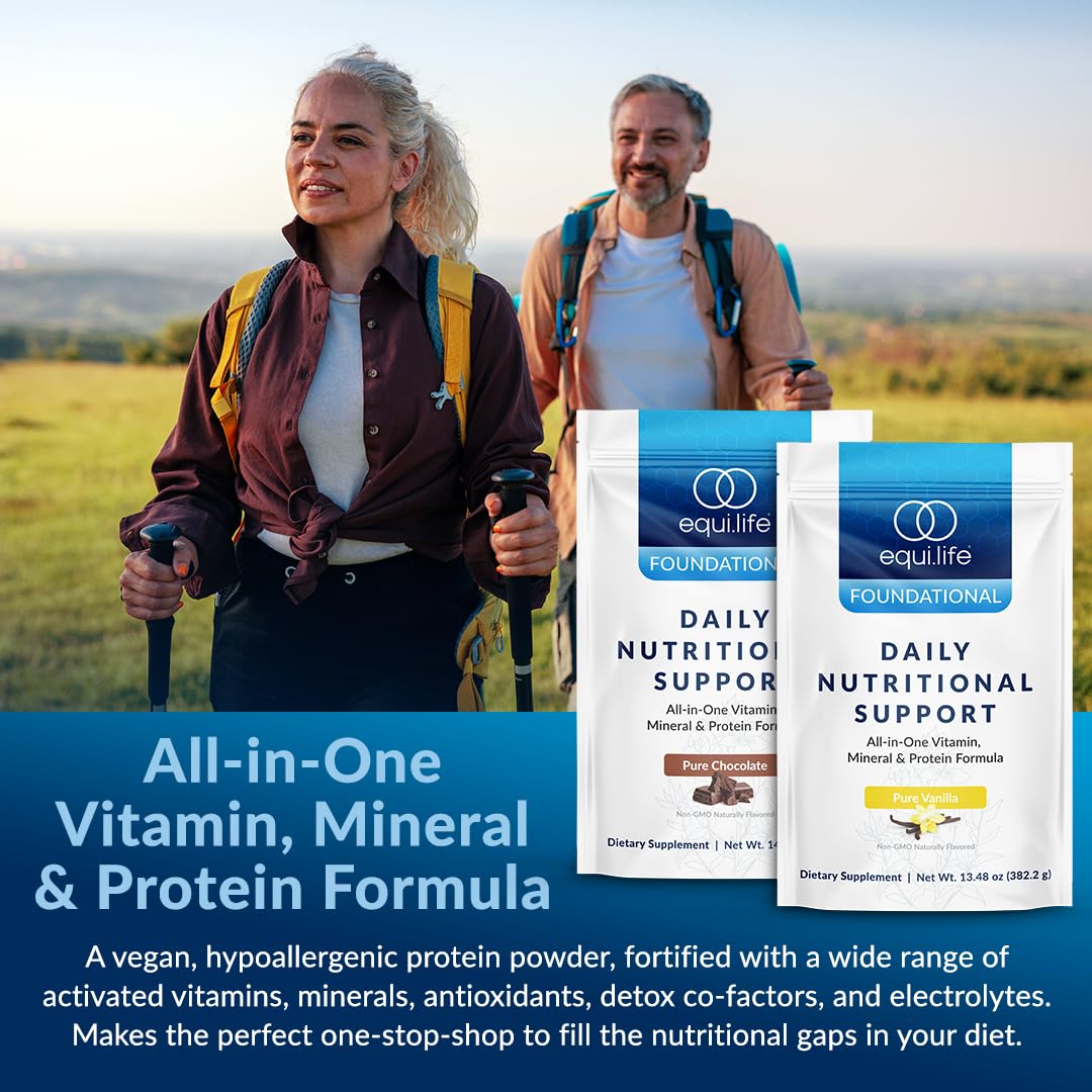 Equilife Daily Nutritional Support vanilla powder close-up highlighting plant protein.