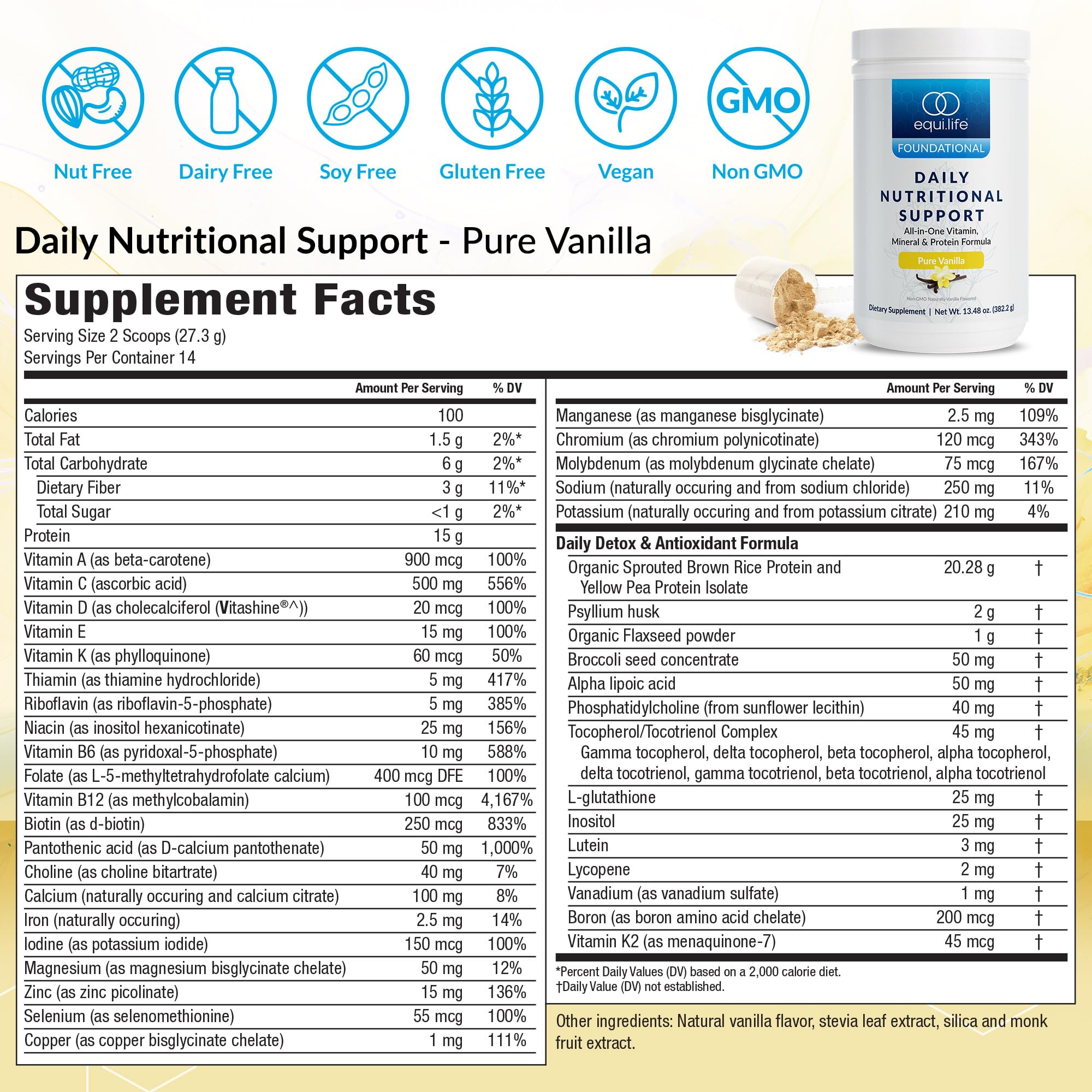 Equilife Daily Nutritional Support vanilla powder scoop highlights plant protein for steady energy