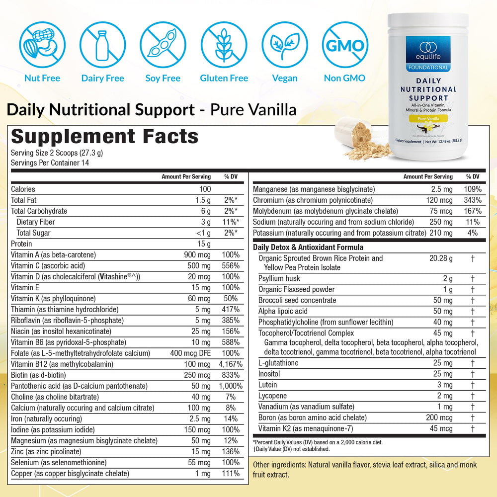 Equilife Daily Nutritional Support vanilla powder scoop highlights plant protein for steady energy
