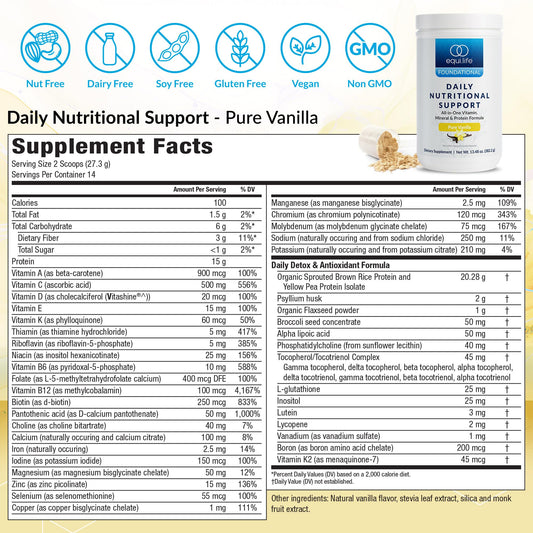 Equilife Daily Nutritional Support vanilla powder scoop highlights plant protein for steady energy