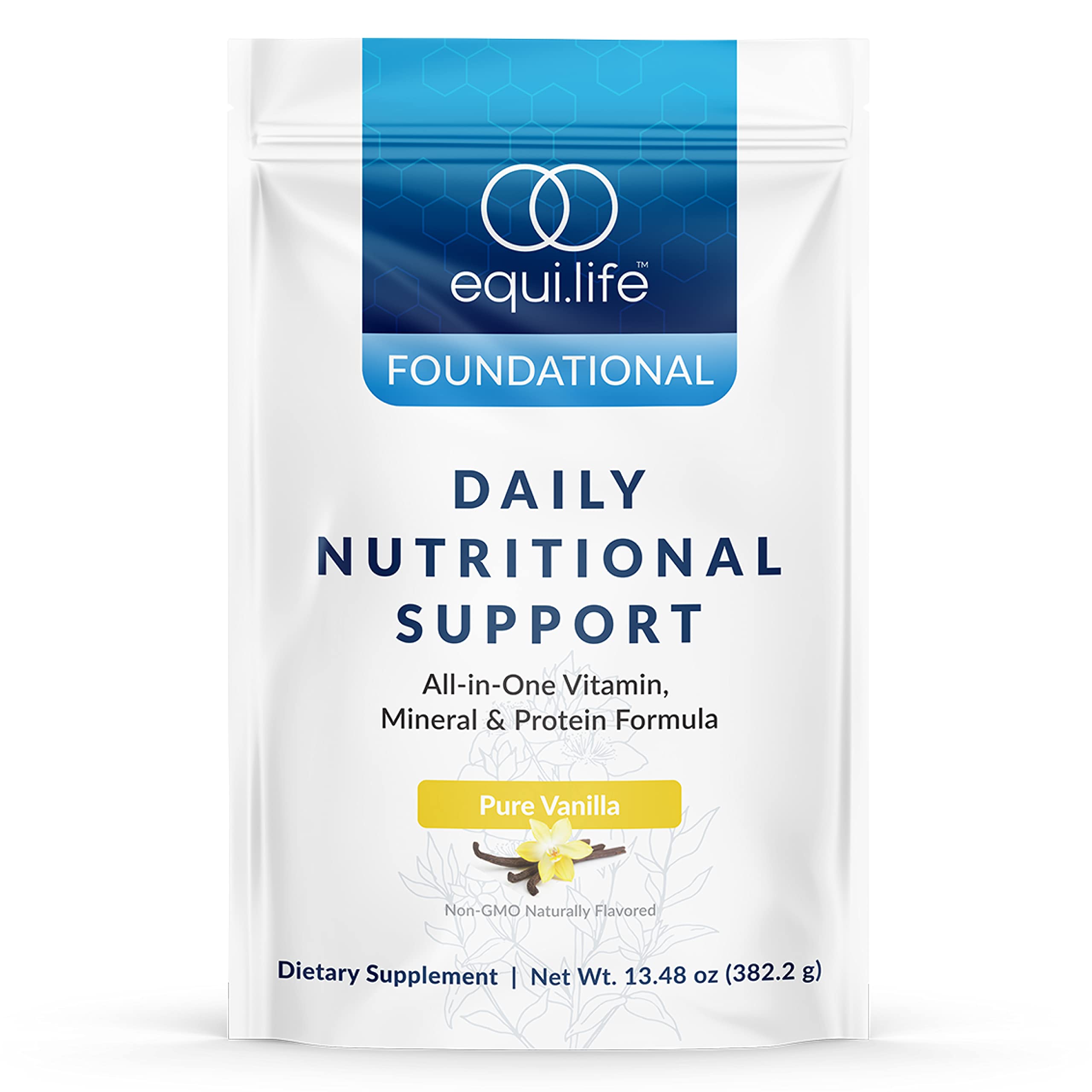 Equilife Daily Nutritional Support vanilla shake in a glass for quick energy and daily nutrition.