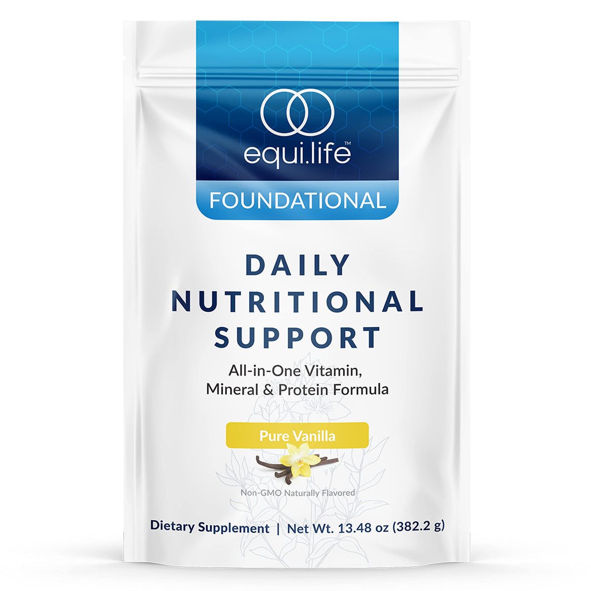 Equilife Daily Nutritional Support vanilla shake in a glass for quick energy and daily nutrition.