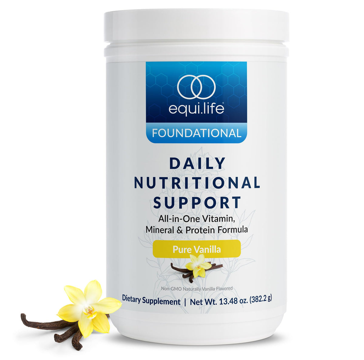 Equilife Daily Nutritional Support vanilla tub front shows convenient all-in-one nutrition