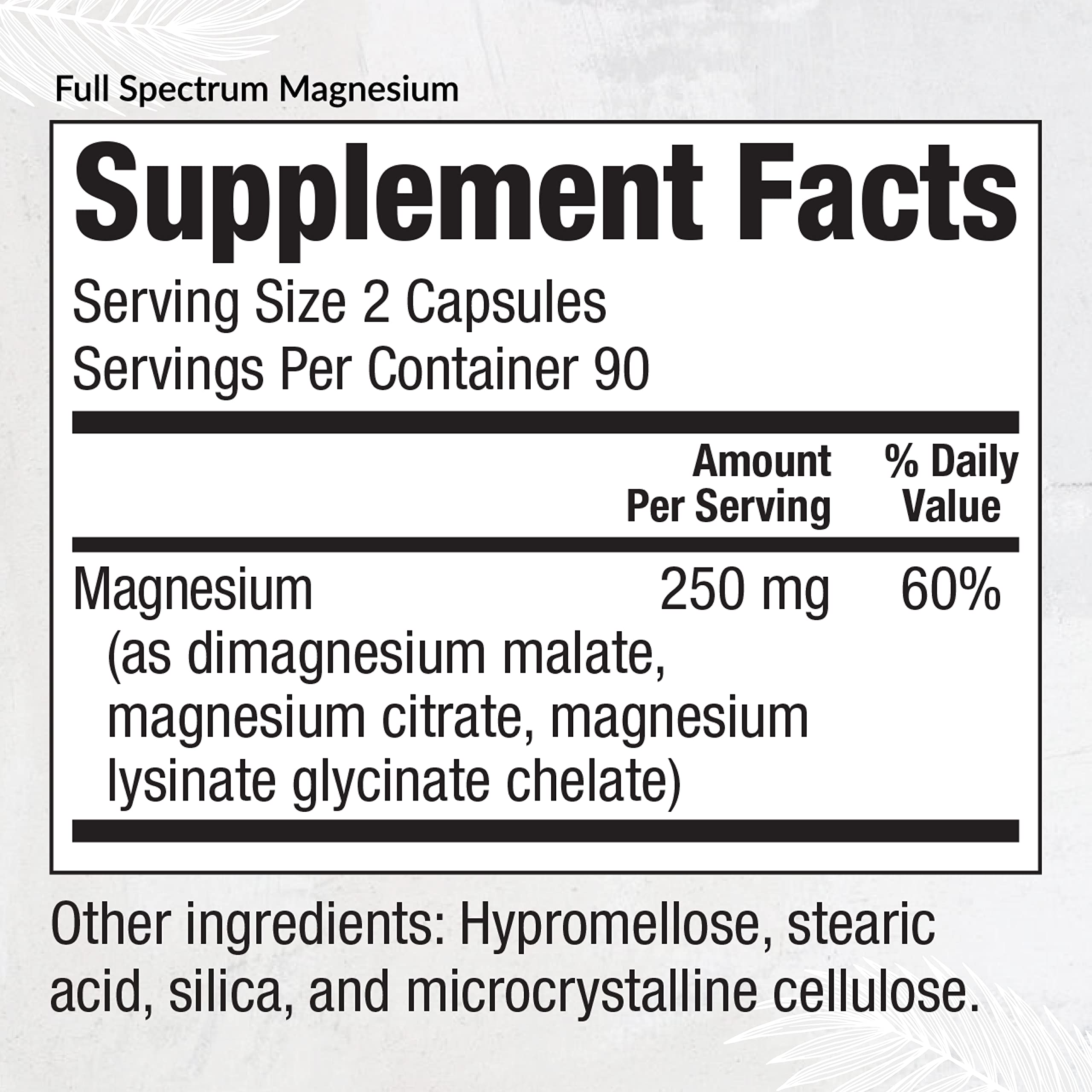 EquiLife full spectrum magnesium capsules bottle back, vegan and non-GMO details.