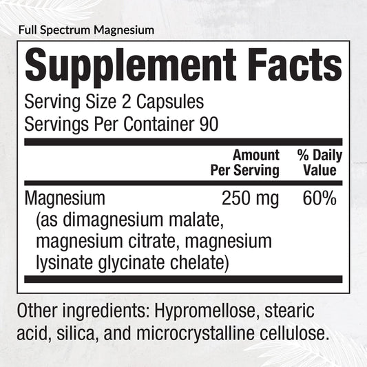 EquiLife full spectrum magnesium capsules bottle back, vegan and non-GMO details.