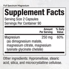 EquiLife full spectrum magnesium capsules bottle back, vegan and non-GMO details.