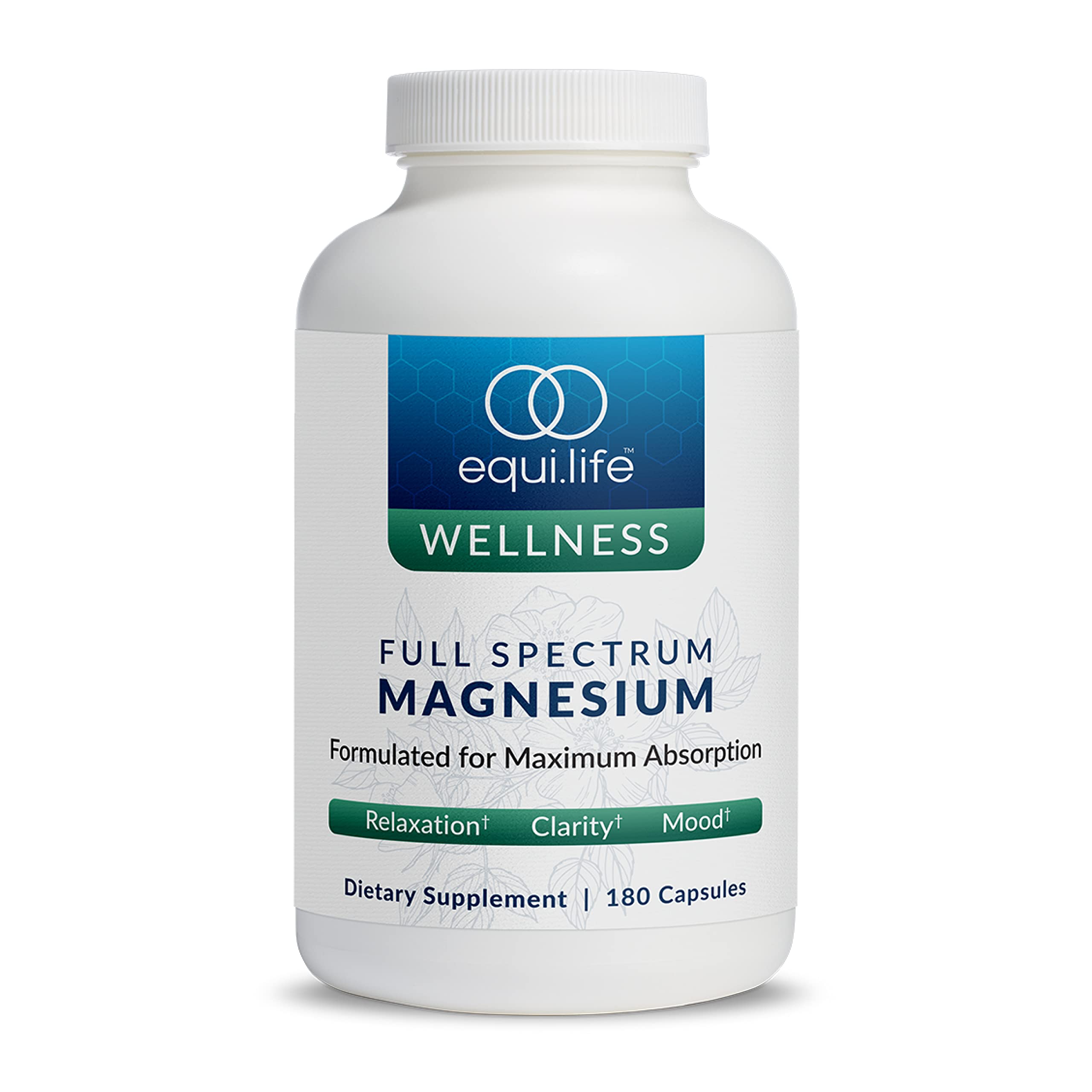 EquiLife full spectrum magnesium capsules bottle front, convenient daily wellness option.