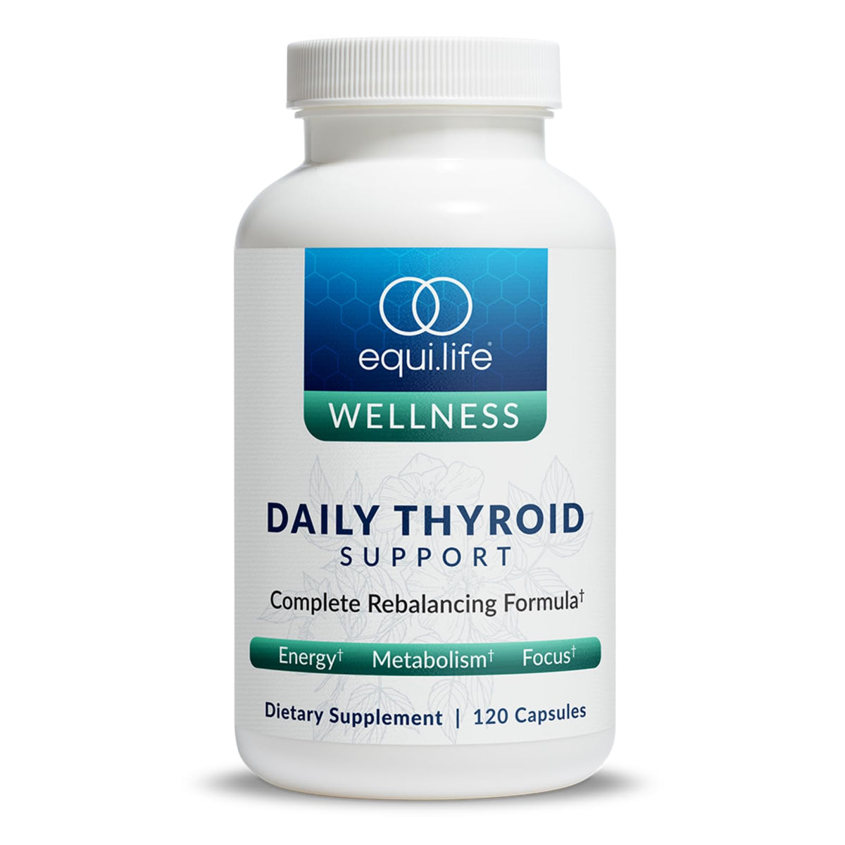 Equilife Thyroid Support bottle front view promotes daily wellness routine.