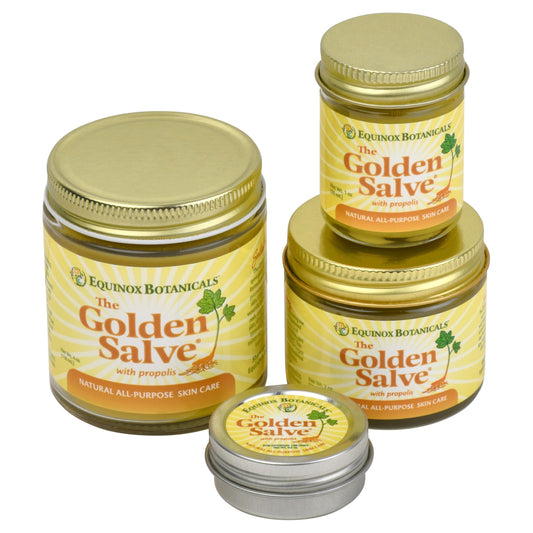 Equinox Botanicals Golden Salve on hand, convenient for targeted moisture and skin soothing.