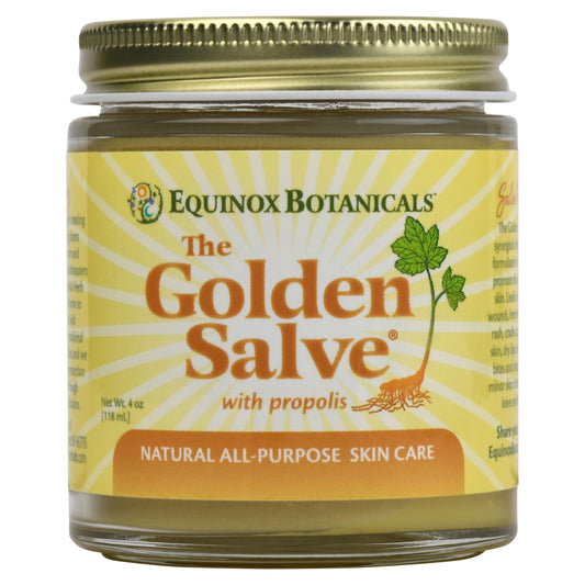 Equinox Botanicals Golden Salve jar front view, for nourishing dry skin and everyday moisture.