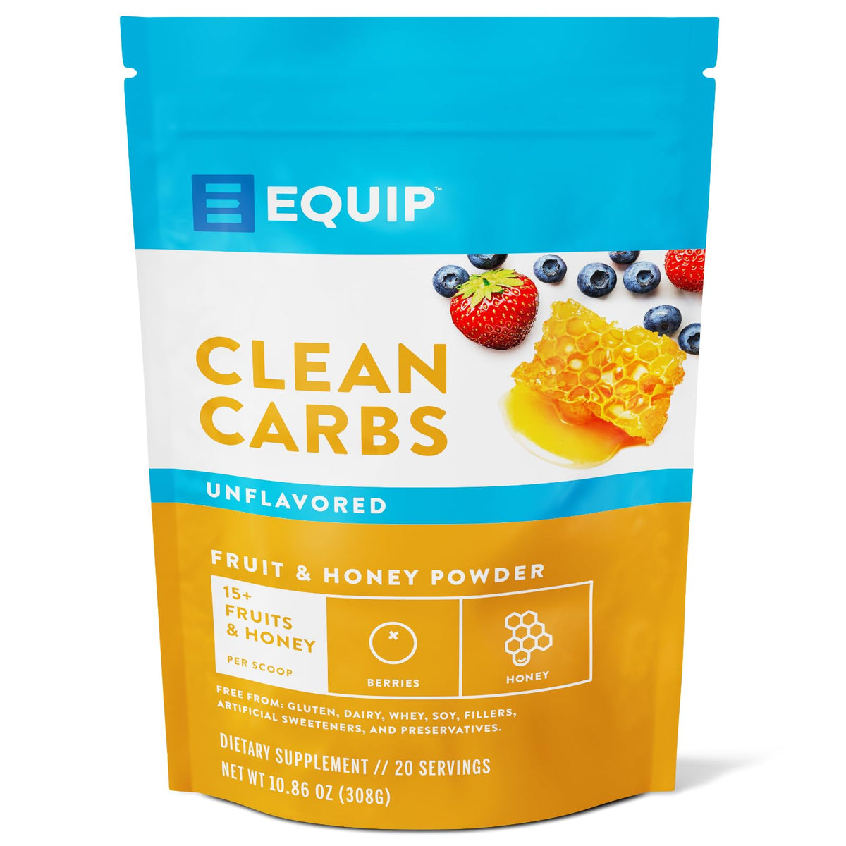 Equip Clean Carbs bottle pouring powder with fruit and honey blend for post-workout energy.