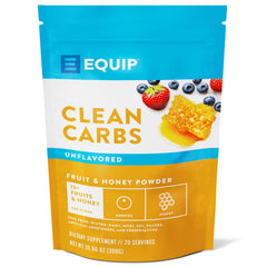 Equip Clean Carbs bottle pouring powder with fruit and honey blend for post-workout energy.