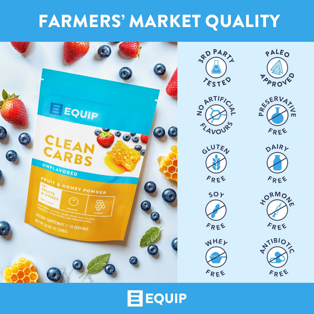 Equip Clean Carbs close-up of fruit mix in powder.