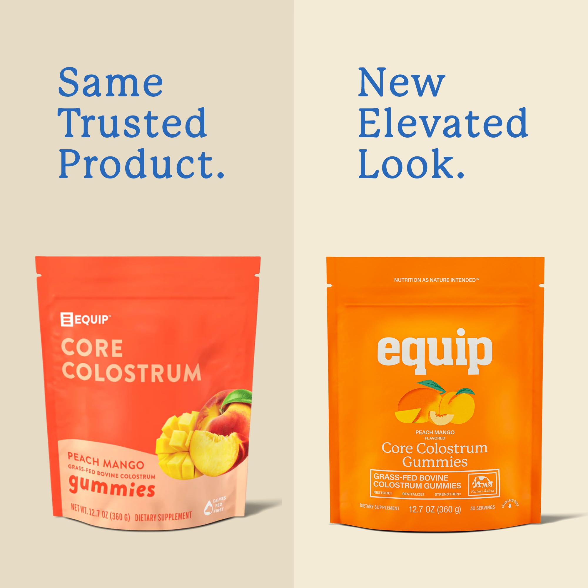 Equip Foods Core Bovine Colostrum Gummies peach mango flavor close-up suggests a tasty routine.