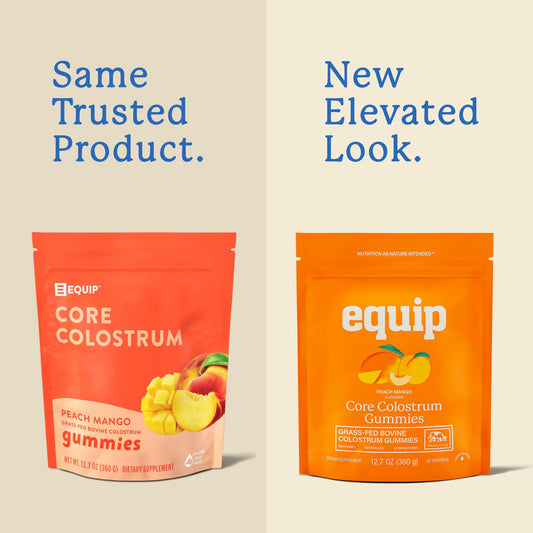 Equip Foods Core Bovine Colostrum Gummies peach mango flavor close-up suggests a tasty routine.