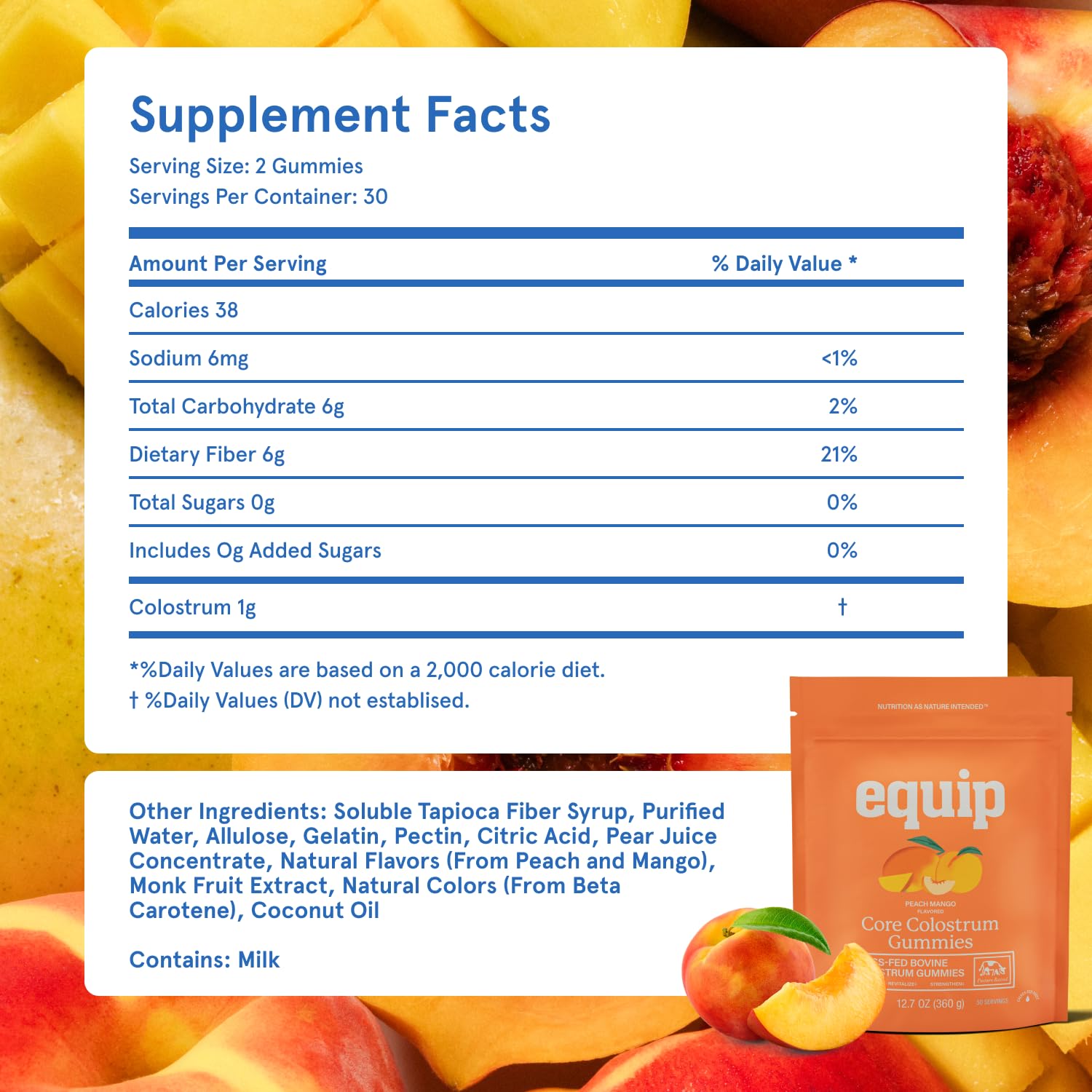 Equip Foods Core Bovine Colostrum Gummies bottle pouring into a hand for easy daily use.