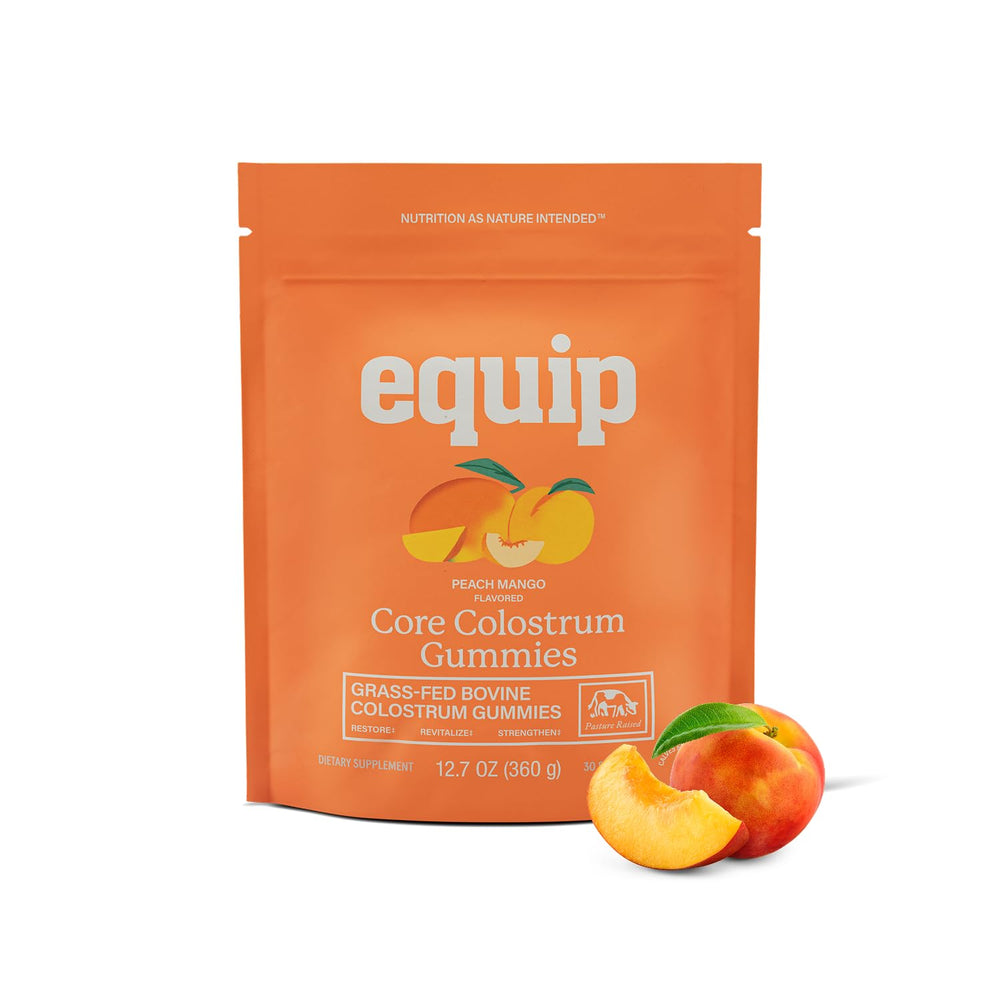 Equip Foods Core Bovine Colostrum Gummies bottle label highlights immune support and gut health.