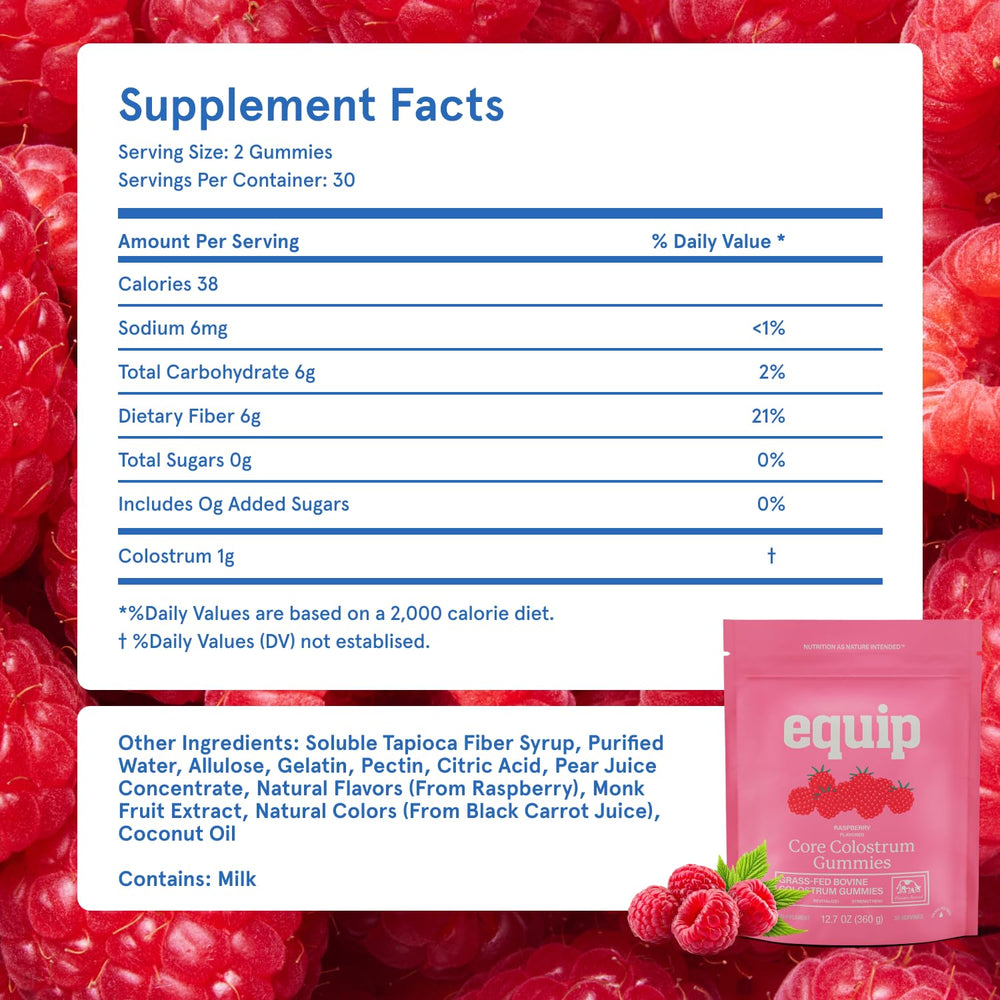 Equip Foods Core Bovine Colostrum Gummies grass-fed emblem signals quality source