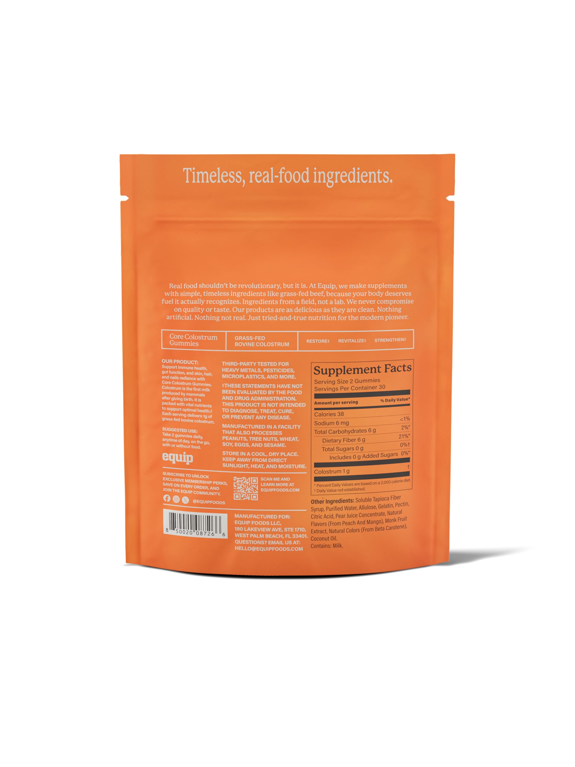 Equip Foods Core Bovine Colostrum Gummies close-up reveals peach mango aroma.