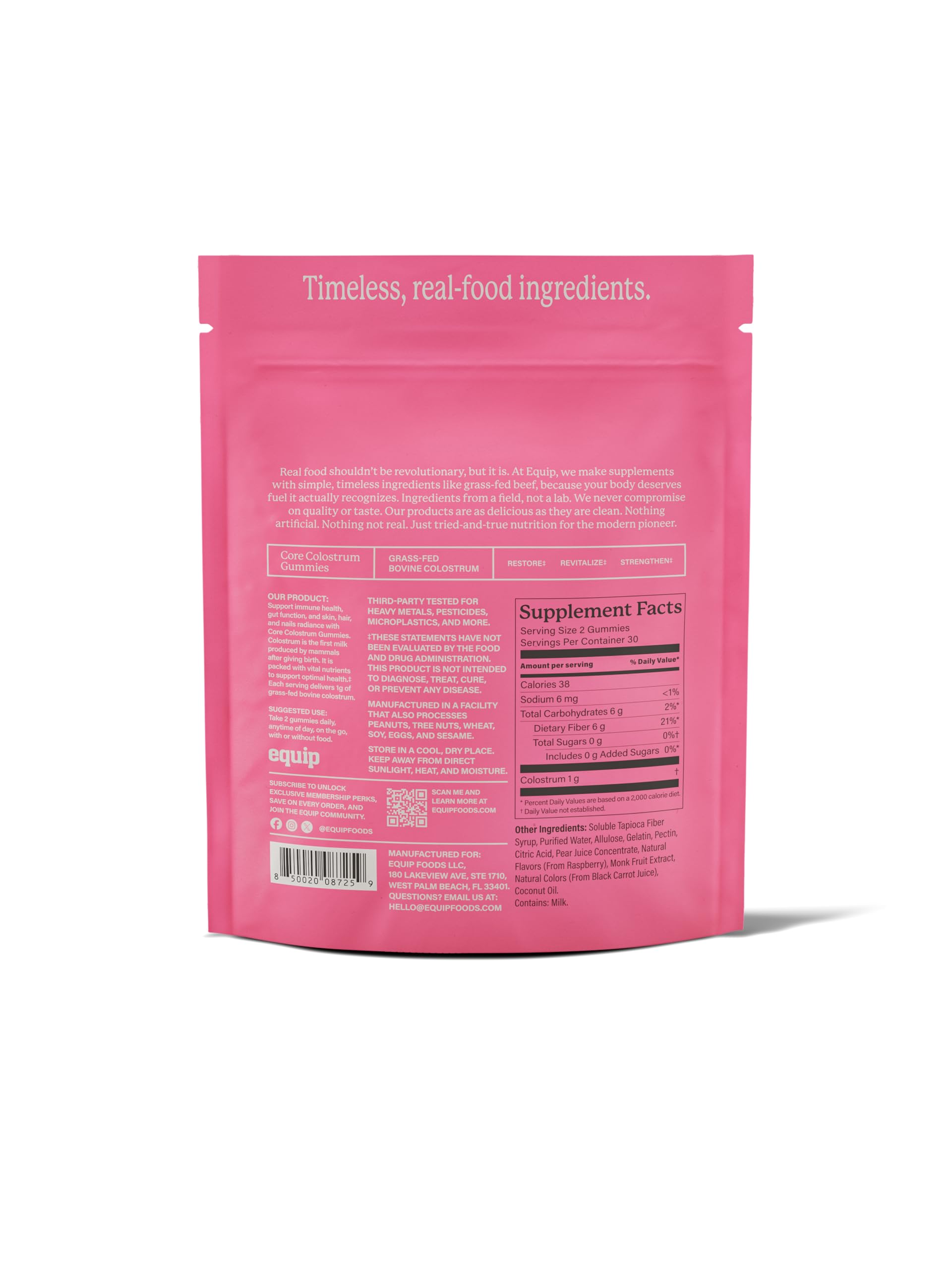 Equip Foods Core Bovine Colostrum Gummies top view emphasizes chewy format