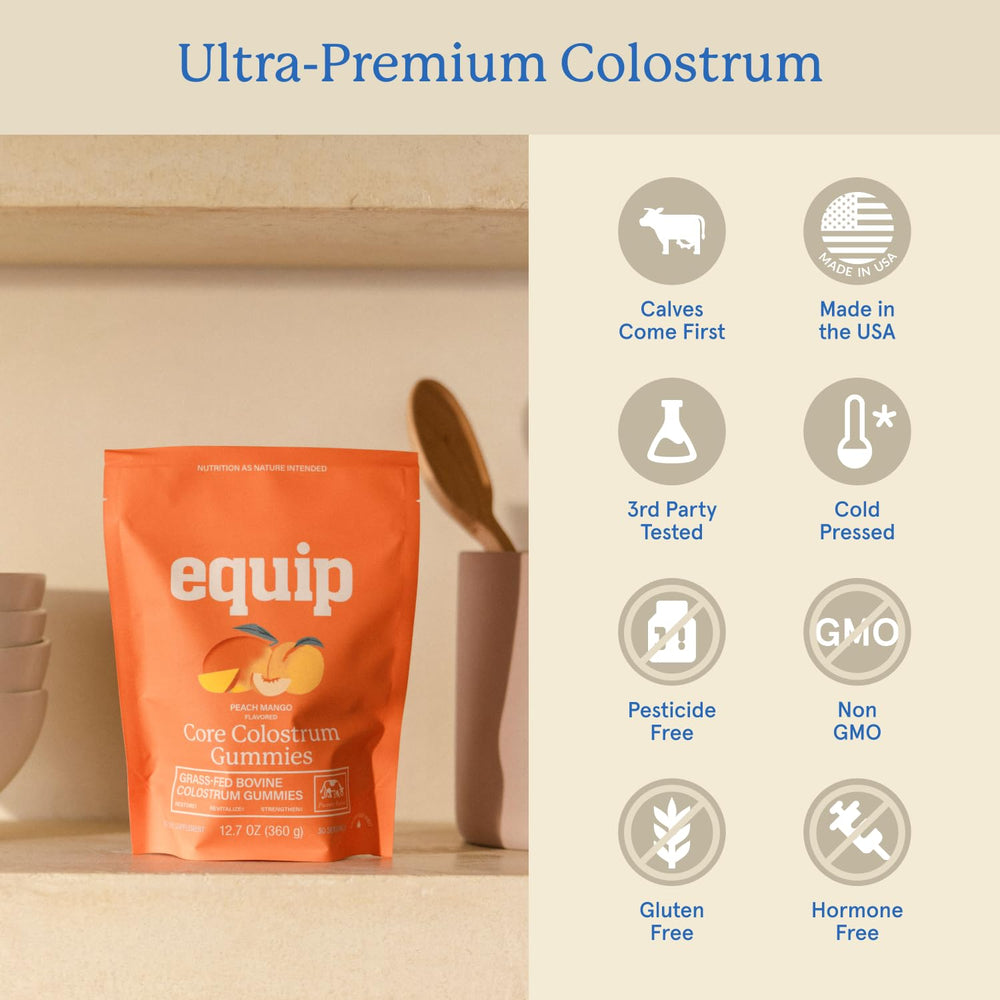 Equip Foods Core Bovine Colostrum Gummies packaging emphasizes US-sourced grass-fed ingredients.