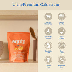 Equip Foods Core Bovine Colostrum Gummies packaging emphasizes US-sourced grass-fed ingredients.