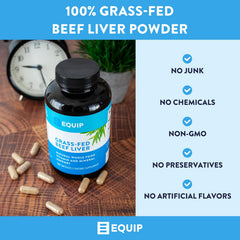 Equip Grass-Fed Beef Liver capsules closeup for easy daily micronutrient support.